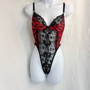 True Vintage 80’s Black Lace & Red Zebra Teddy Bodysuit-Medium Glam Boudoir NWOT